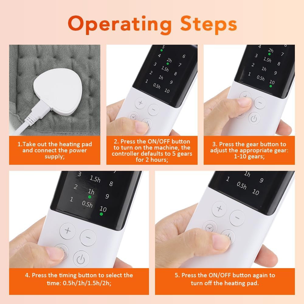 Necomi Heating Pad for Back Pain Relief, 30 X 125 Cm Fast Electric Heating Pad with 10 Heat Settings, 4 Timer Options, Soft Machine Washable Electric Heating Pad with Velcro & Pockets for Abdominal Neck & Shoulder Pain, Fast Heating image number 3