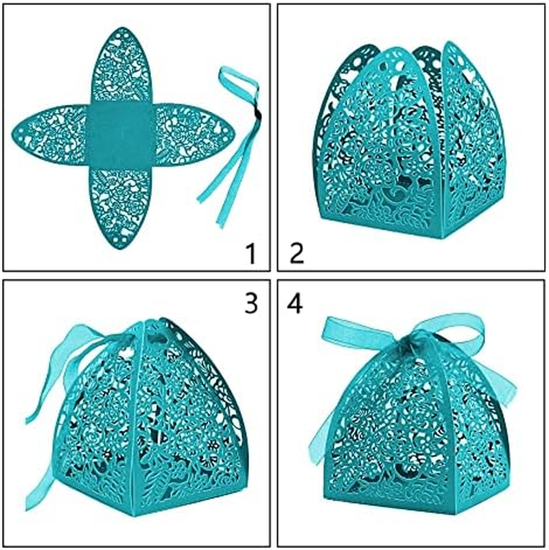 Auto-Plaza 50 Pieces Beauty Laser Cut Favor Boxes DIY Wedding Birthday Gift Candy Boxes with Ribbons (Skyblue) - Gold image number 3
