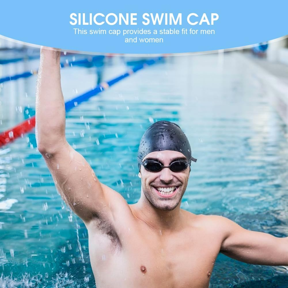 Chamgeco 3PCS Silicone Swim Cap, Unisex Adult Waterproof Bathing Pool Swimming Hat, Stretchable Durable Non-Slip Swimming Pool Cap Shower Caps, Elastic Swimming Cap - 3Pcs (Black+Dark Blue+Light Blue) image number 2