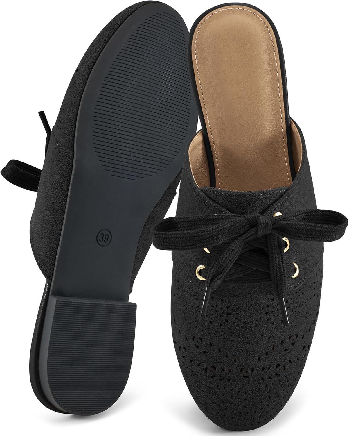 HARENCE Mules for Women Flats Shoes: Comfort round Toe Backless Loafers Casual Slip on Lace up Dressy Suede Mule