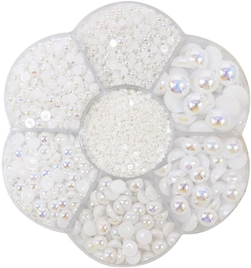 Approx 5600Pcs Assorted 7 Sizes Half round Flatback Pearl Beads DIY Craft Shoes Phone Nail Art Making Plastic Box (AB White) image number 1