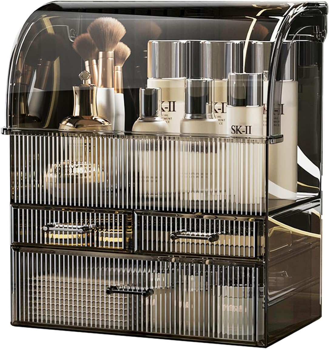 Makeup Organiser Storage, XL Large Acrylic Cosmetics Organiser Skincare Display Case with Waterproof Dustproof Cover for Bedroom Bathroom Desktop(Stripe-Xl)