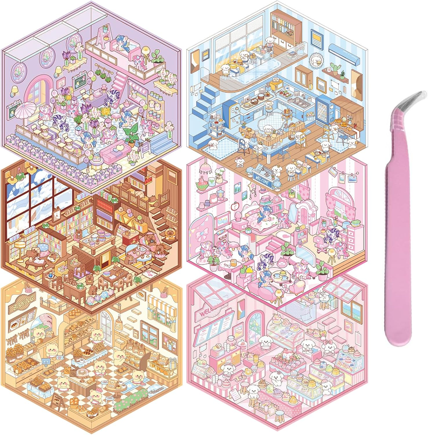 3D House Scene Stickers - 6 Sets DIY Mini Shop Stickers for Kids & Adults, Cute Cartoon Animal Stickers for Stress Relief & Creativity (Make Your Own 3D Sticker Scenes) (Stickers-A-1) image number 4