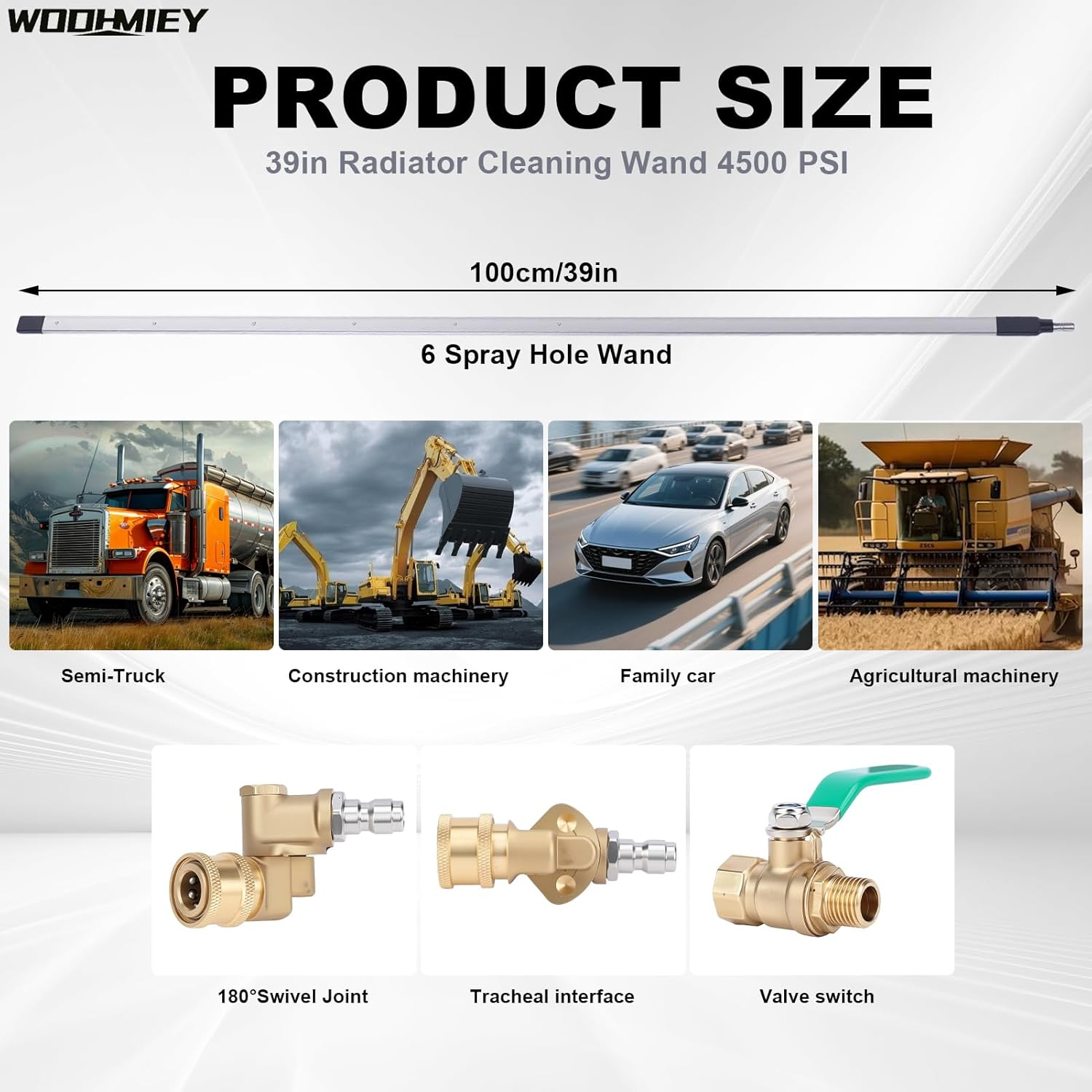 WODHMIEY Radiator Cleaning Wand, Radiator Flush Cleaner Tool, 1/4'' Quick Coupler, Cleaning Brush, 100Cm/39In, 4500PSI, Stainless Steel with 6 Fan Shaped Nozzle for Cars Trucks RV Cleaning