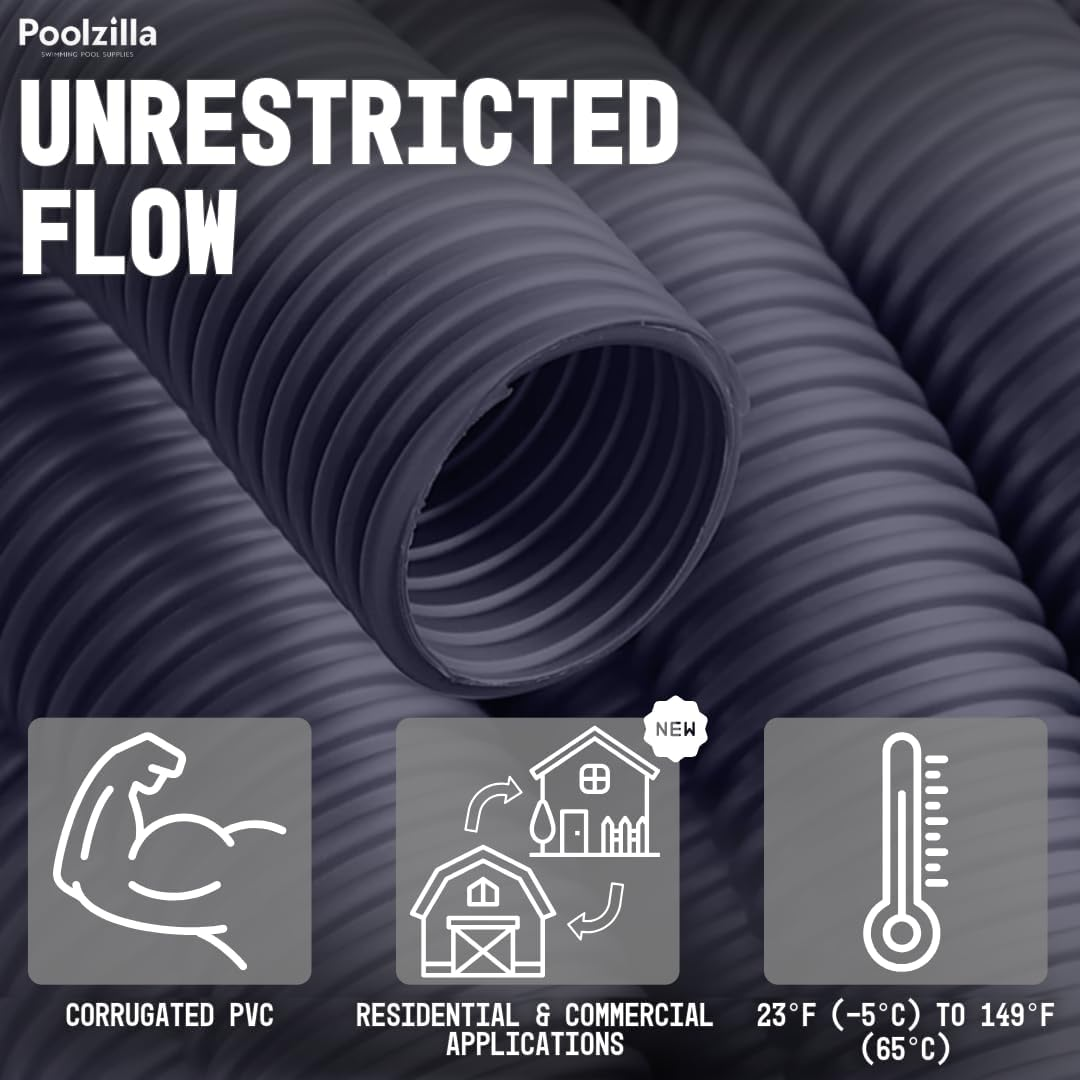 Poolzilla 20&rsquo; FT Corrugated Pond Hose - 1&rsquo;&rsquo; Inch ID, Flexible Reinforced Water Tubing for Aquariums, Pool Maintenance, Ponds, Fountains, Gardens, and Other Aquatic Features image number 1