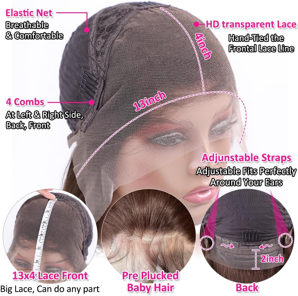 Hermosa 13X4 Brown Lace Front Wigs Human Hair with Baby Hair 180 Density Straight Lace Frontal Human Hair Wigs Pre Plucked Hairline 4# Brown Color 28 Inch image number 3