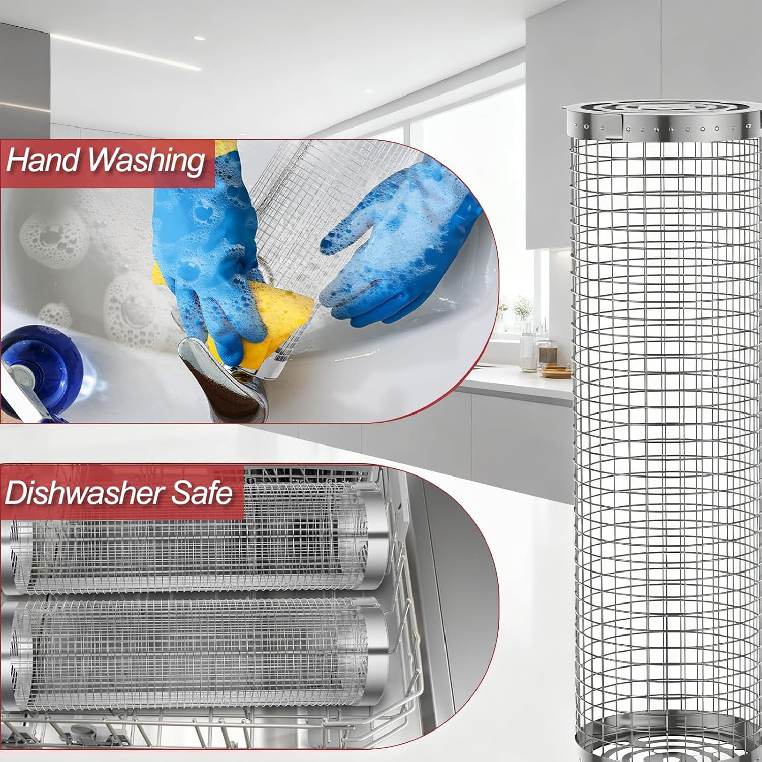 Grill Baskets for Outdoor Grill, Rolling Grill Basket with Removable Wooden Handle, Stainless Steel Grilling Accessories for Fish, Shrimp, Meat, Vegetables, Fries，Bbq image number 1