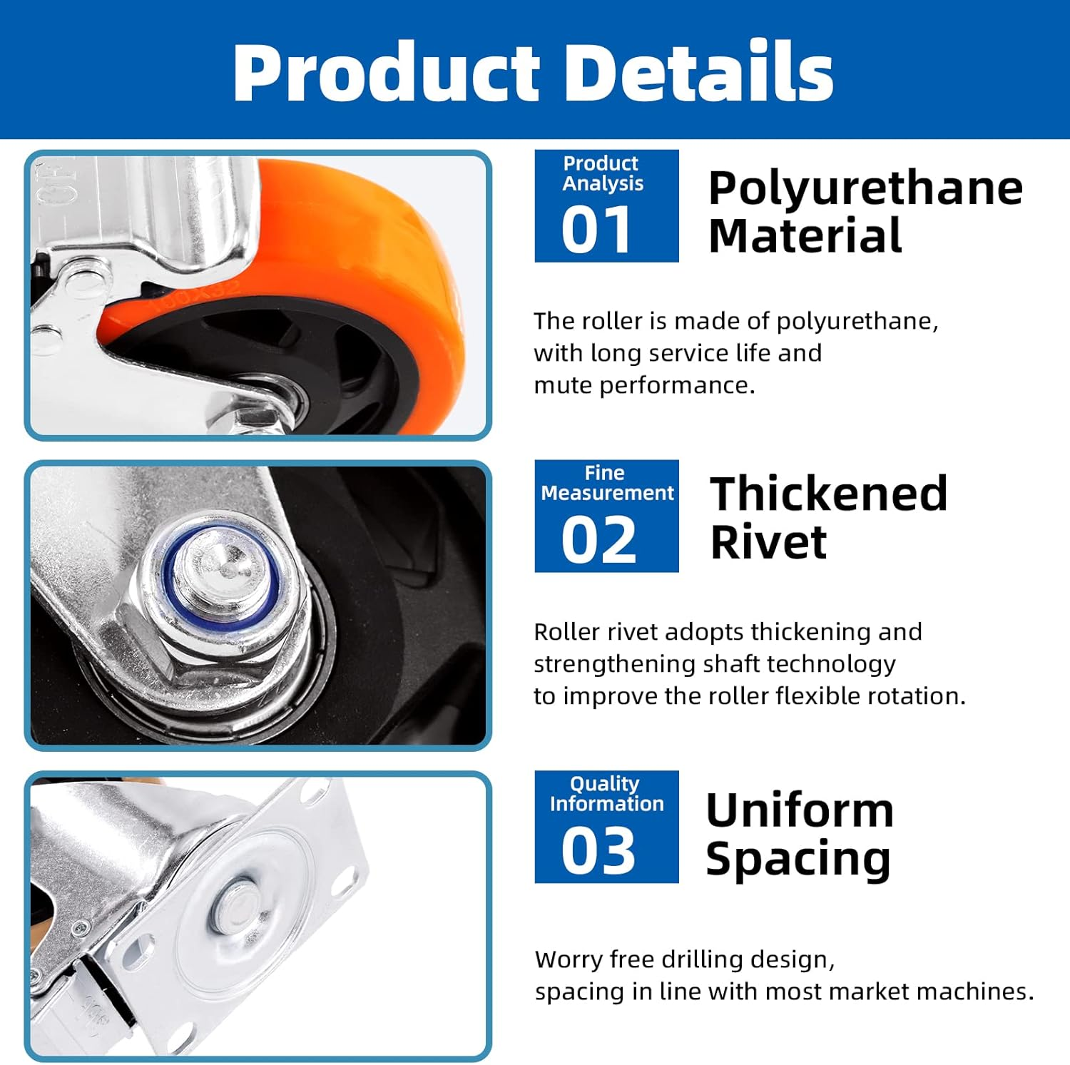 Glarks 53Pcs 3/2 Inch Heavy Duty Casters, Lockable Bearing Caster Wheels Safety Dual Locking Casters with Brake, Swivel Casters Polyurethane No Noise Wheels for Furniture and Workbench