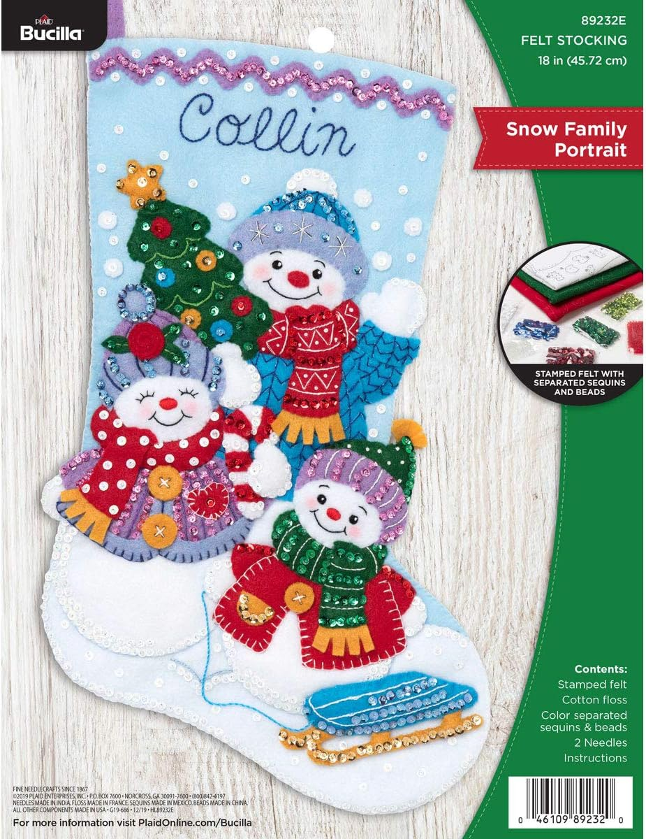 Bucilla Felt Applique Christmas Stocking Kit, 18", Snow Family Portrait image number 3