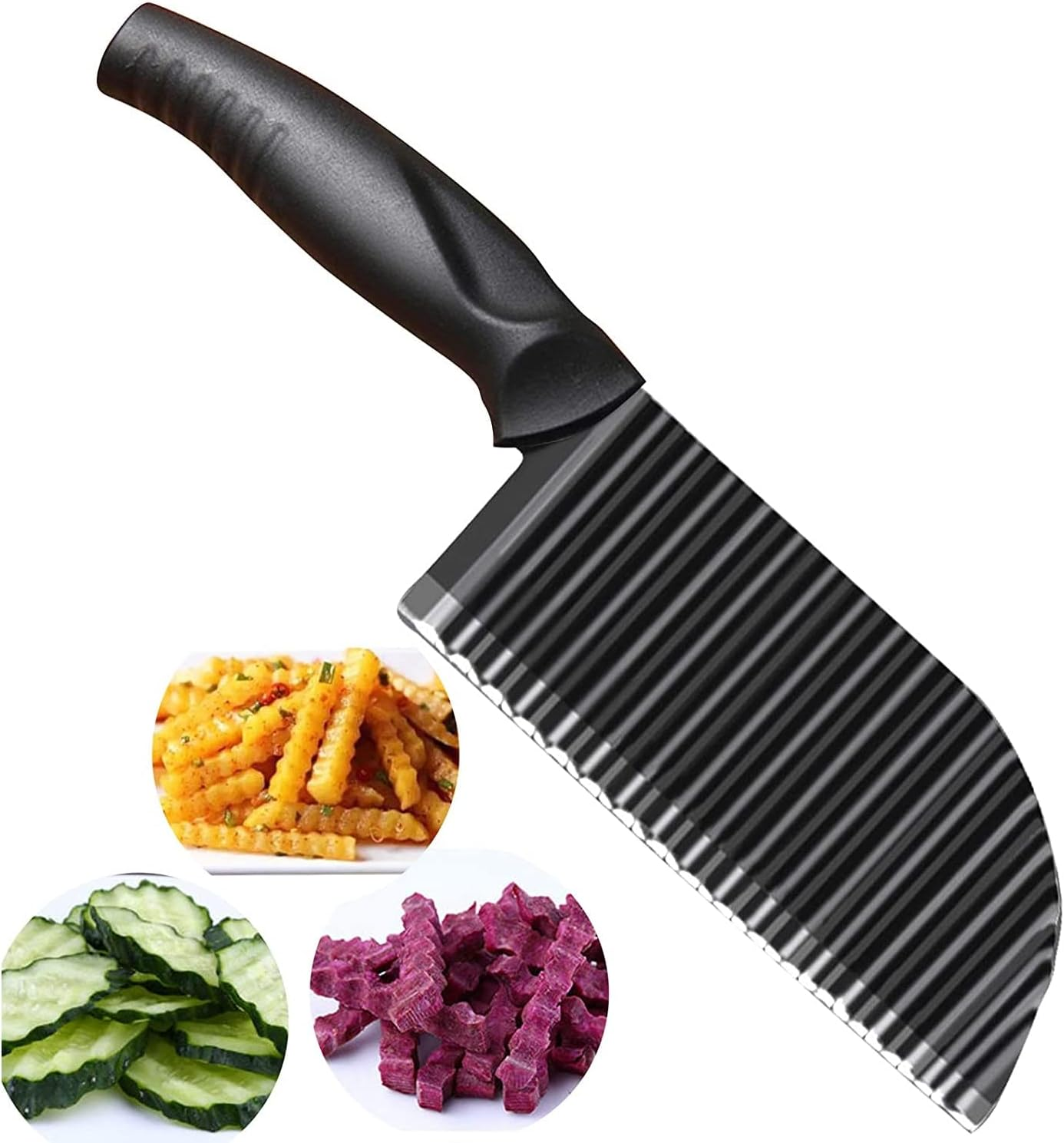 EZONEDEAL Potato Crinkle Cutter, Stainless Steel Waffle Fly Cutter with a Sturdy Julienne Peeler, Wavy Vegetable Slicer Kitchen Chopper Knife for Food Veggie Salad Carrots French Fries, Black image number 2