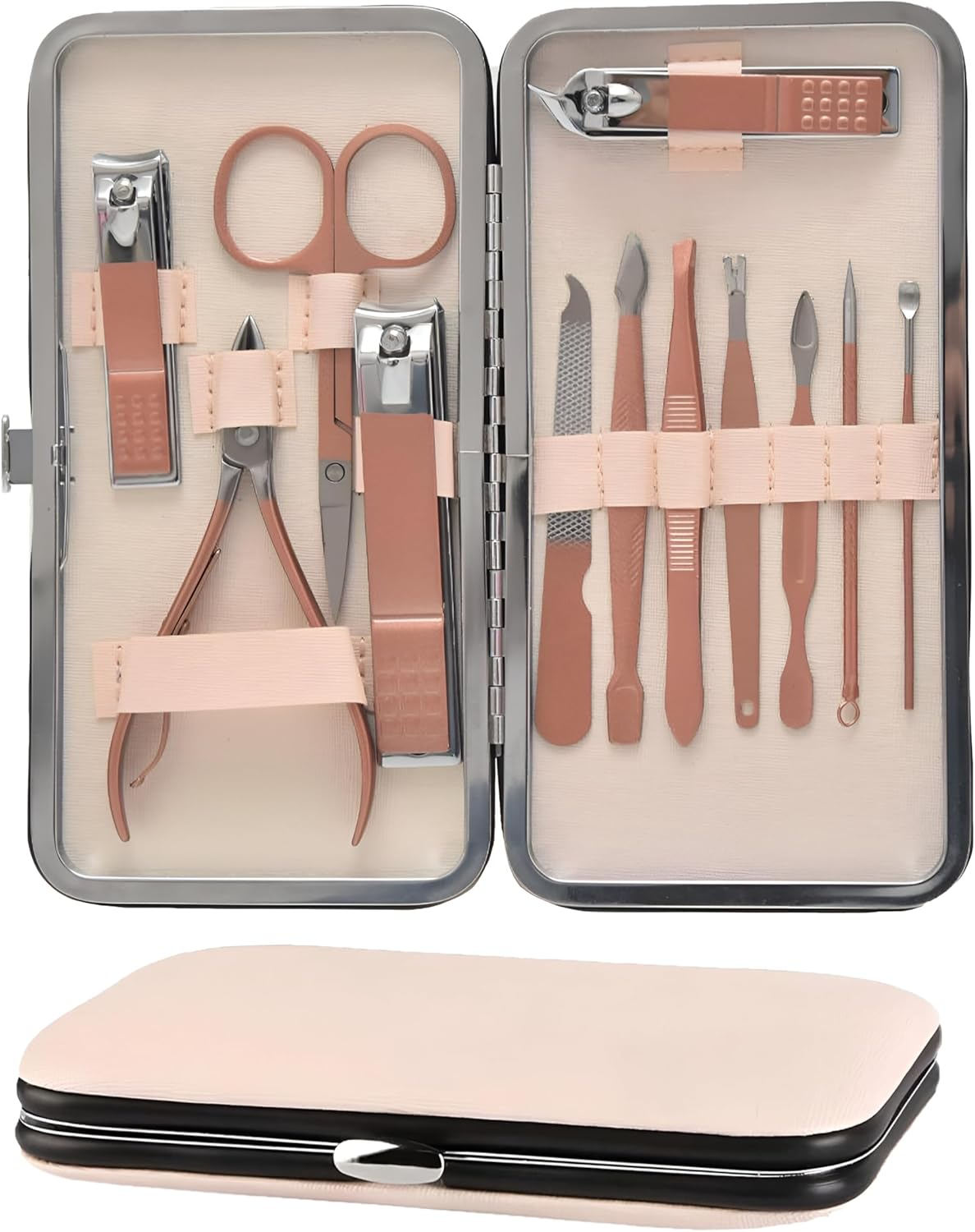 12 in 1 Professional Manicure Set, Stainless Steel Nail Clippers Set, Portable Grooming Kit for Women & Men, Pedicure Kit for Personal Care with Luxurious Travel Leather Case, 12 Pcs Clippers Tools (Rose Pink)