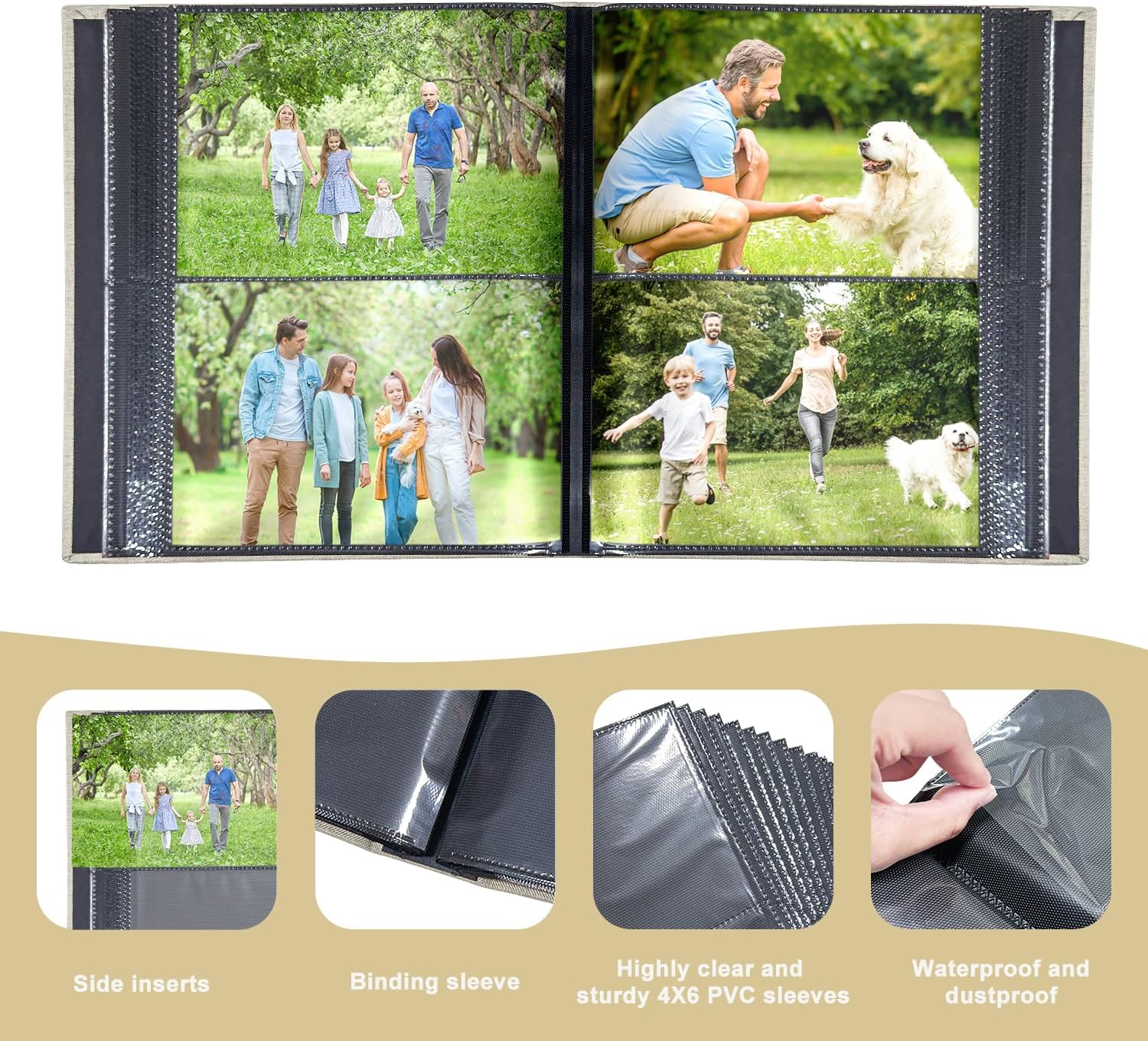 Photo Album 4X6 with 200 Pockets, Slip-In Picture Albums, Linen Cover Memory Book with Front Window, Black Page Vertical Photo Book for Wedding, Family, Anniversary, Baby, Vacation(Beige)