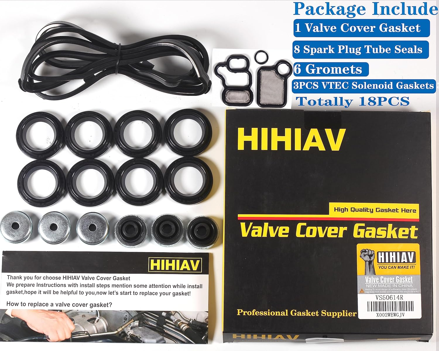 VS50614R Compatible with Engine Valve Cover Gasket & Gromets & Spark Plug Tube Seals&15815-Raa-A02 VTEC Solenoid Gasket Honda Accord,Civic,Cr-V,Element,Crosstour, Acura 2.0L 2.3L 2.4L image number 3