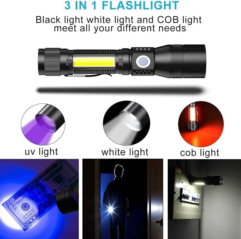 Fay Bless Blacklight Flashlights, 3 in 1 UV Flashlight Rechargeable Flashlight with Pocket Clip High Powered LED Light 7 Modes Waterproof (1Piece-With Battery) image number 4