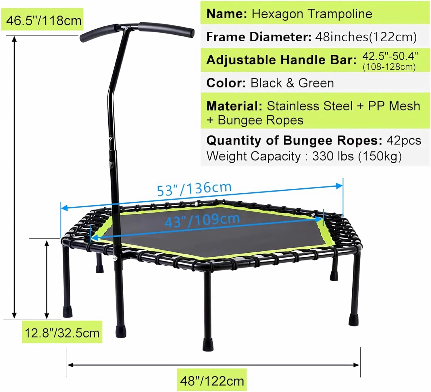 Green Quiet Bungee Rebounder with Adjustable Handle &ndash; Noiseless Cardio Trampoline for Adult Fitness, Home Workout & Low-Impact Exercise