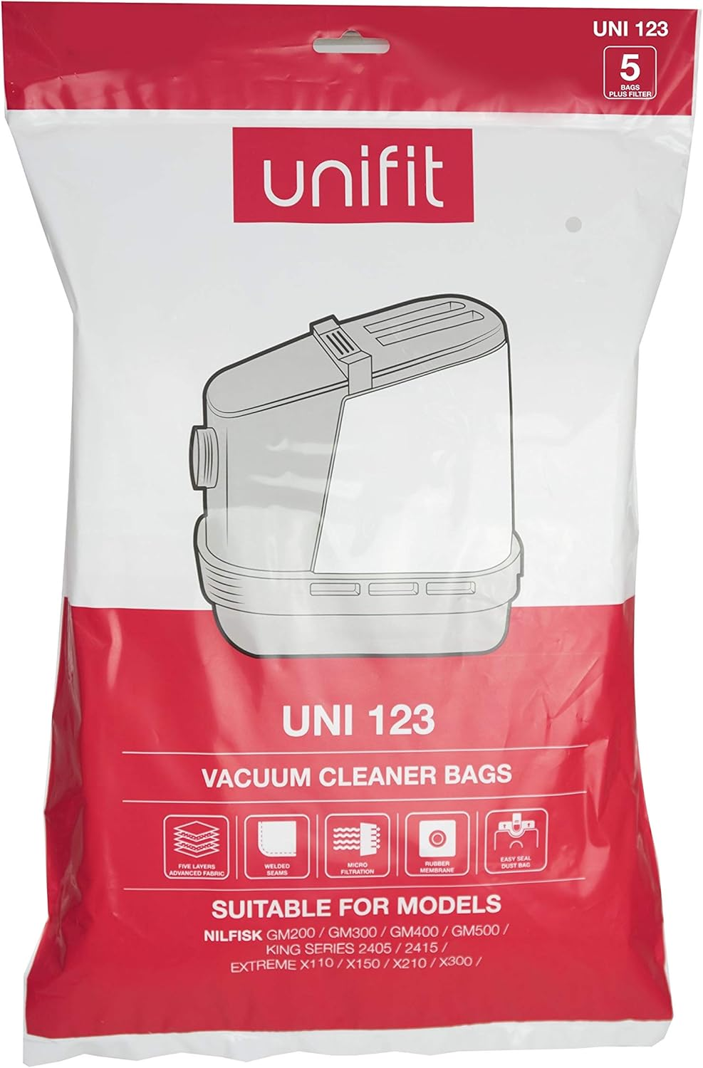 Unifit 123 Nilfisk Vacuum Bags 5Pk Synthetic Bag Heavy Duty Cardboard Collar - Vacuum Cleaner Bags image number 1