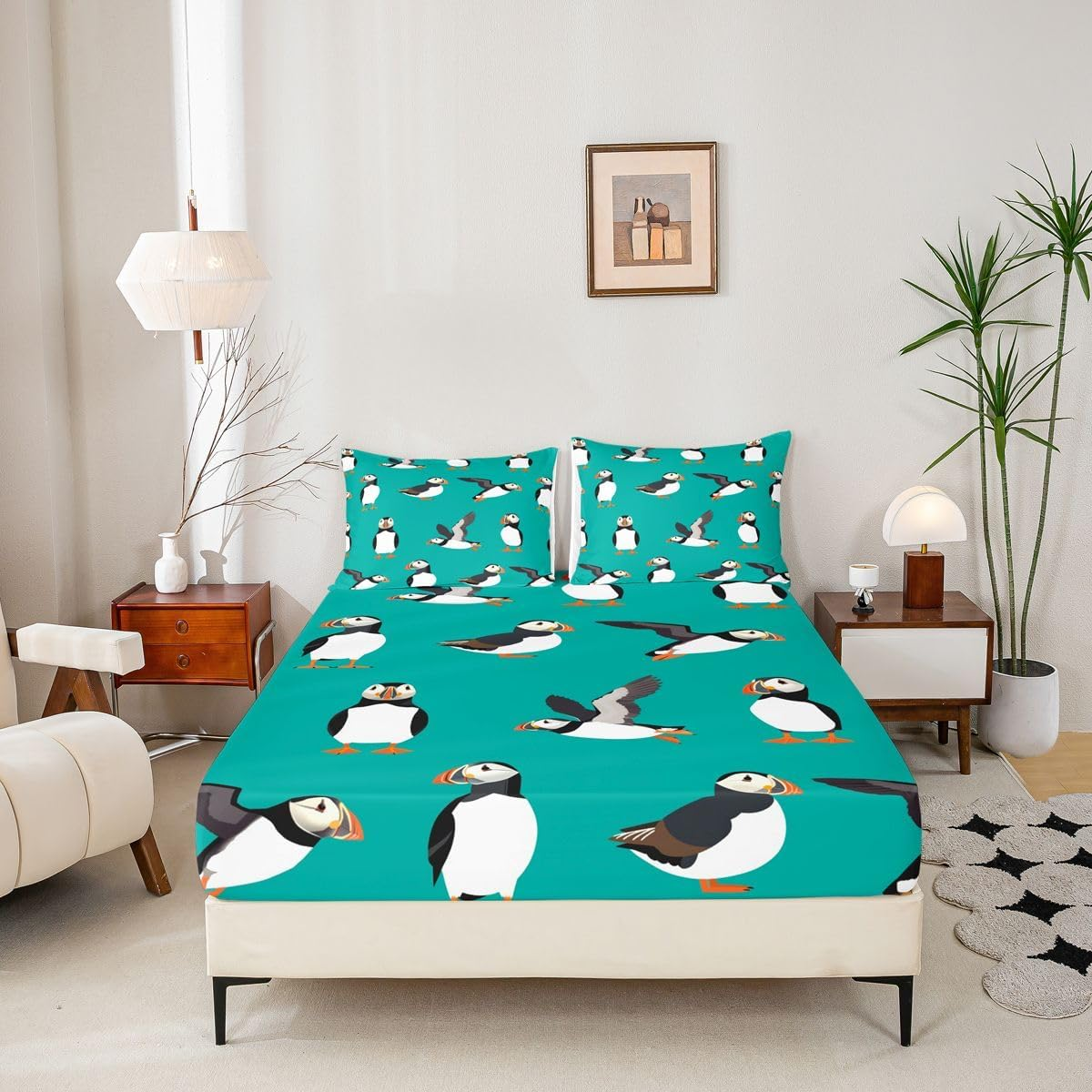 Puffin Bed Sheet Set Twin Size Puffin Bird Drawing Fitted Sheet for Kids Boys Girls Decor Cute Animal Theme Bedding Set Microfiber Polar Animal Bed Cover Bedroom image number 3