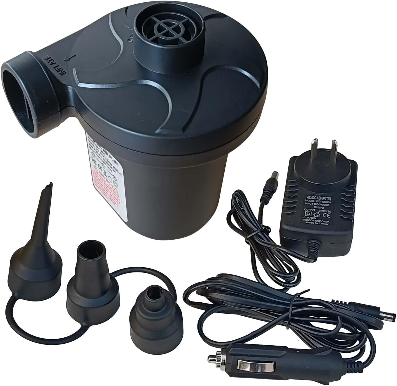 Electric Air Pump Air Mattress Portable Pump for Inflatables Couch, Pool Floats, Blow up Pool Raft Bed Boat Toy with 3 Nozzles, AC 110-240 Volt DC 12 Volt, Black image number 6