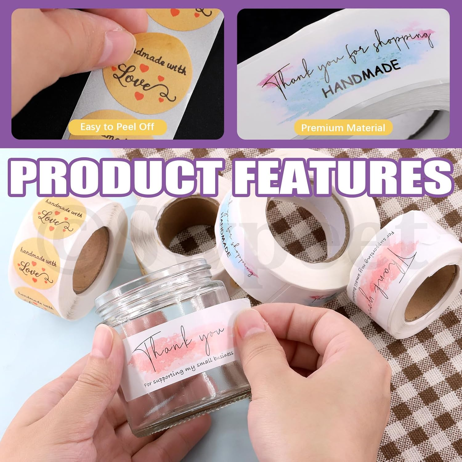 Swpeet 2240Pcs 1 Inch 4 Rolls Brown Kraft Love Stickers Printing in 5 Styles 500 per Roll & 2 Rolls Thank Stickers 120 per Roll Assortment Kit, Waterproof and Self-Adhesive Stickers (In Total 6 Rolls) image number 3