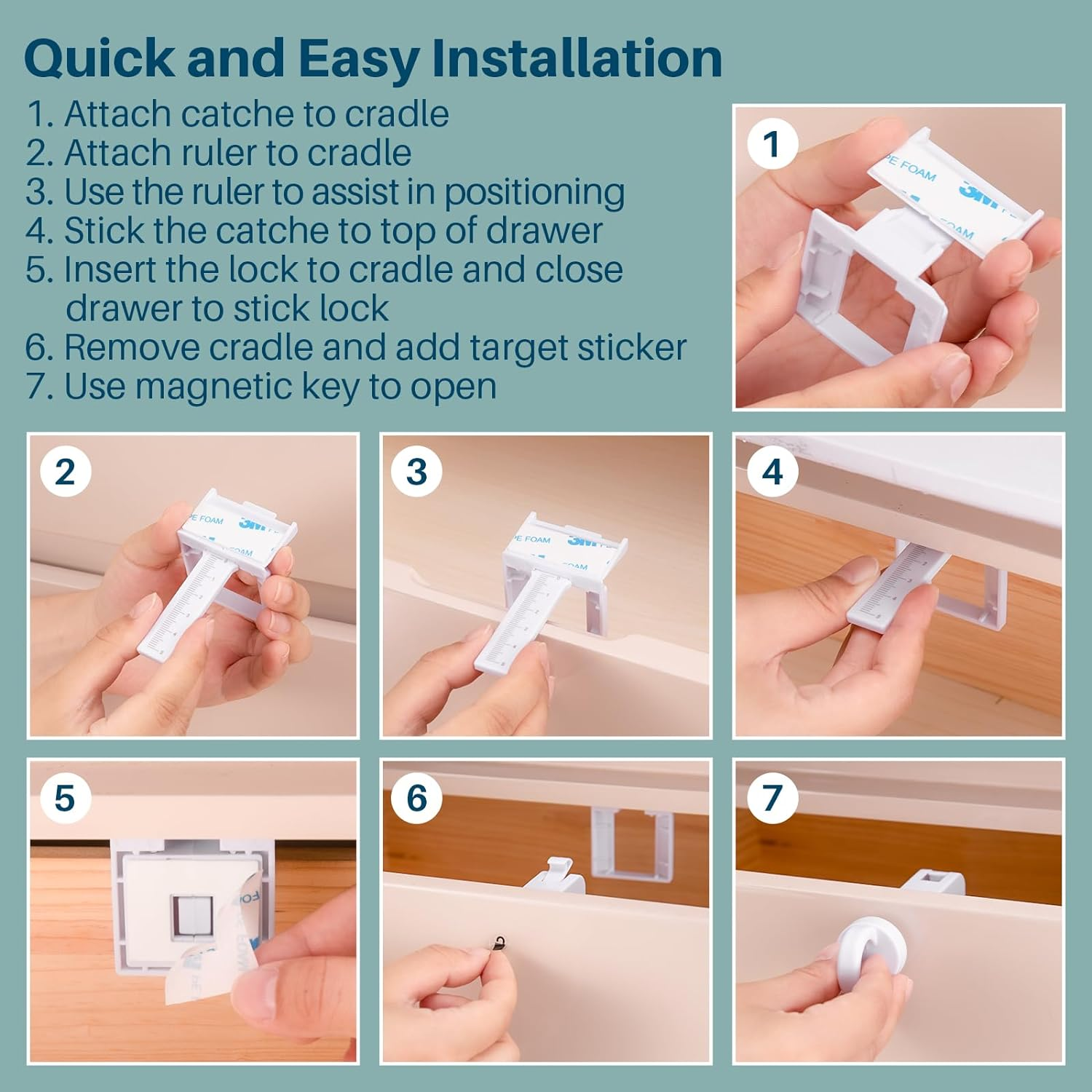 Inaya Magnetic Cabinet Locks Baby Proofing, 12 Locks & 2 Keys, Child Proof Magnet Locks for Cabinet Drawers with Invisible Design, 3M Adhesive for Easy Installation - No Drill & Tools Needed image number 5