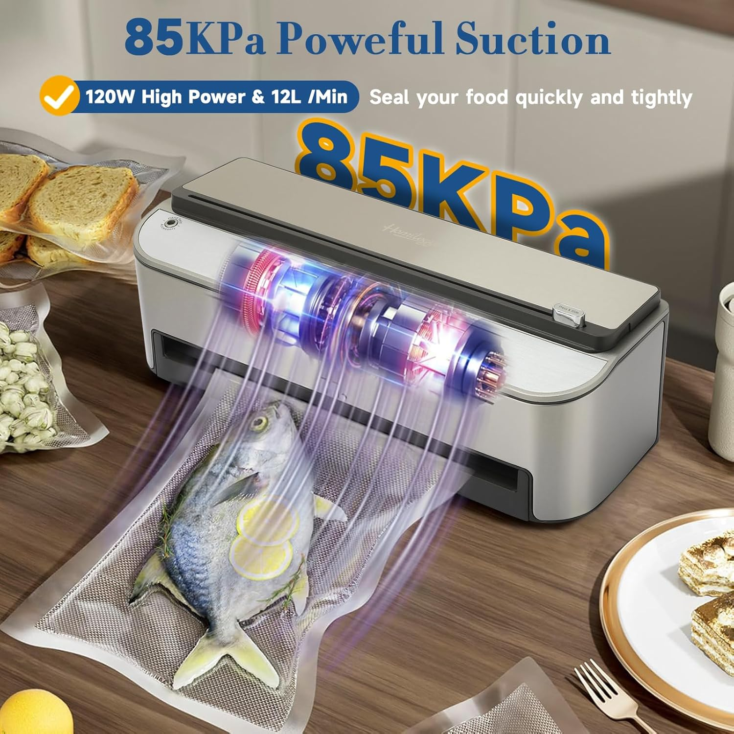 Vacuum Sealer Machine, 85Kpa 120W Automatic Food Vacuum Sealer, Powerful Sealing System, Build-In Cutter, Bags Storage, Moist Mode and Air Suction Hose image number 4