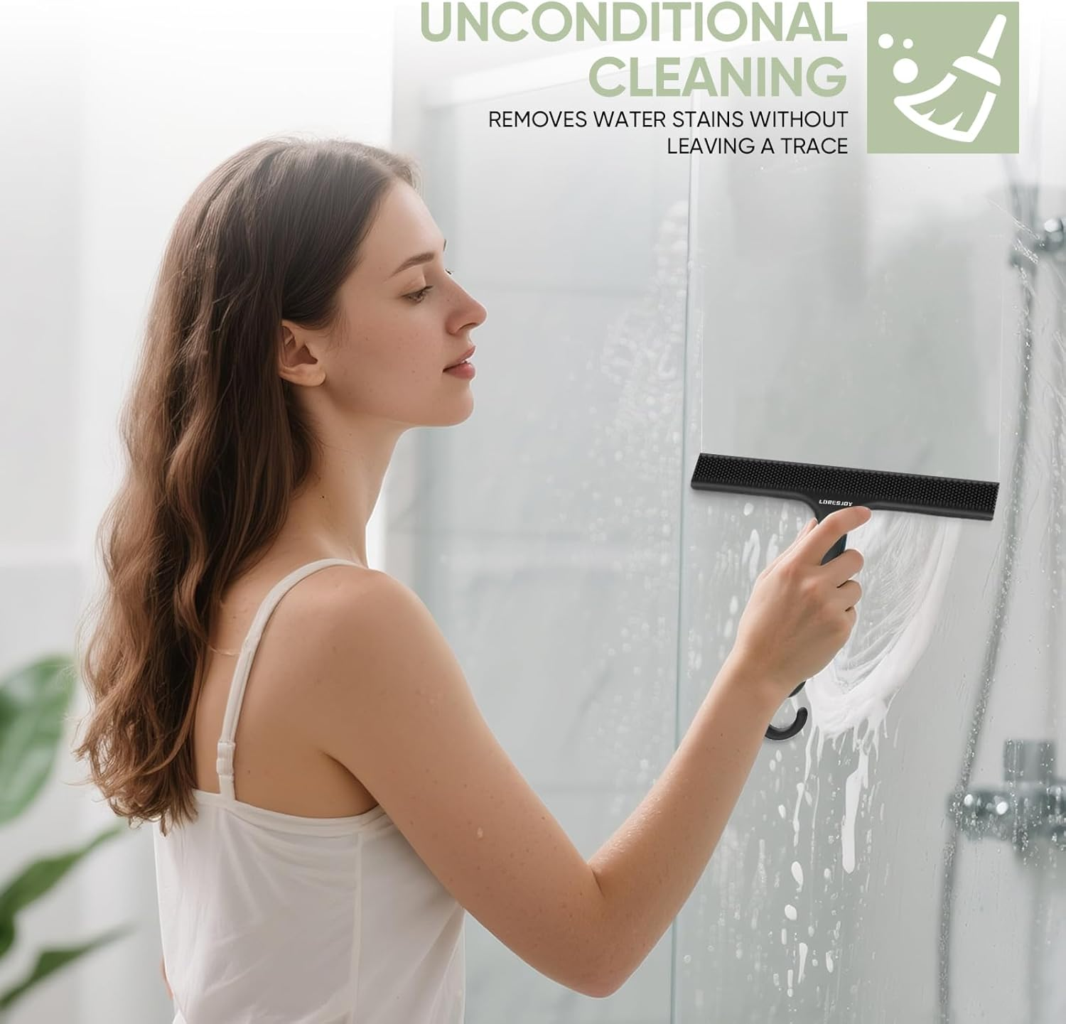 LORESJOY Shower Squeegee, Imprint-Free Cleaning Shower Squeegee Black for Glass Doors, Silicone Shower Squeegee, Shower Squeegee for Shower, Bathroom, Mirror, Glass Cleaning, Tiles image number 1