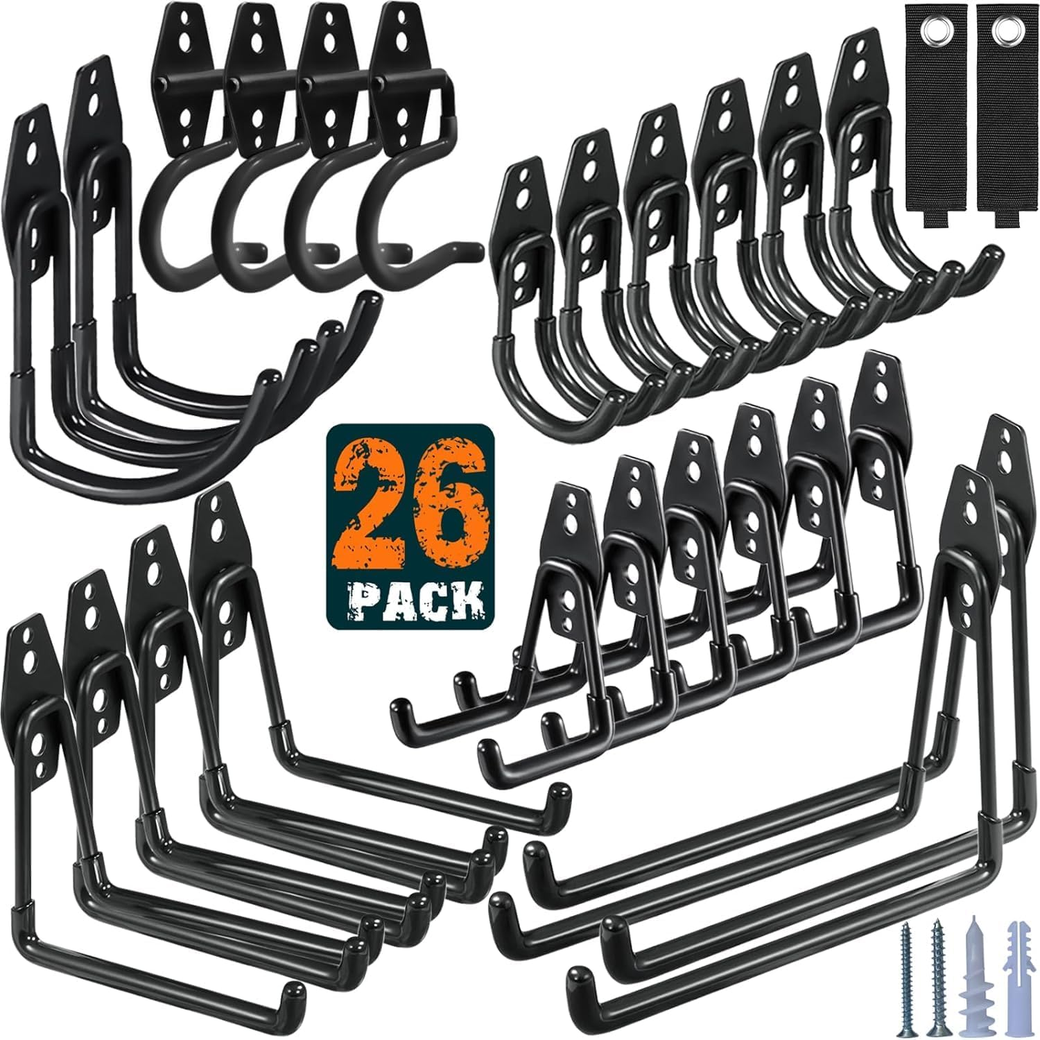 26 Pack Garage Hooks Heavy Duty,Utility Steel Garage Storage Hooks,Wall Mount Garage Hanger&Organizer for Organizing Power Tools,Ladders,Bulk Items,Bikes,Ropes and More Equipment, Orange
