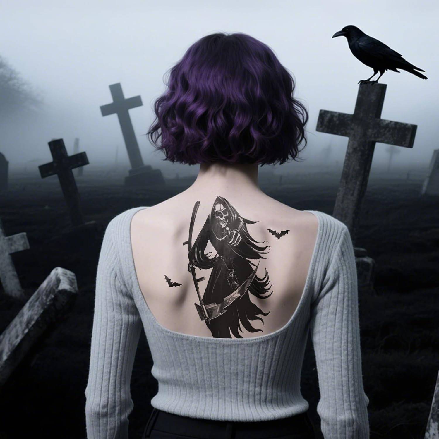 12 Sheets Face Tattoo Carnival, Large Size Bat Spider Tattoo, Adults Children Halloween Fancy Dress Tattoo Witch Accessories for Carnival Make-Up Halloween Masquerade Party - Bat image number 3