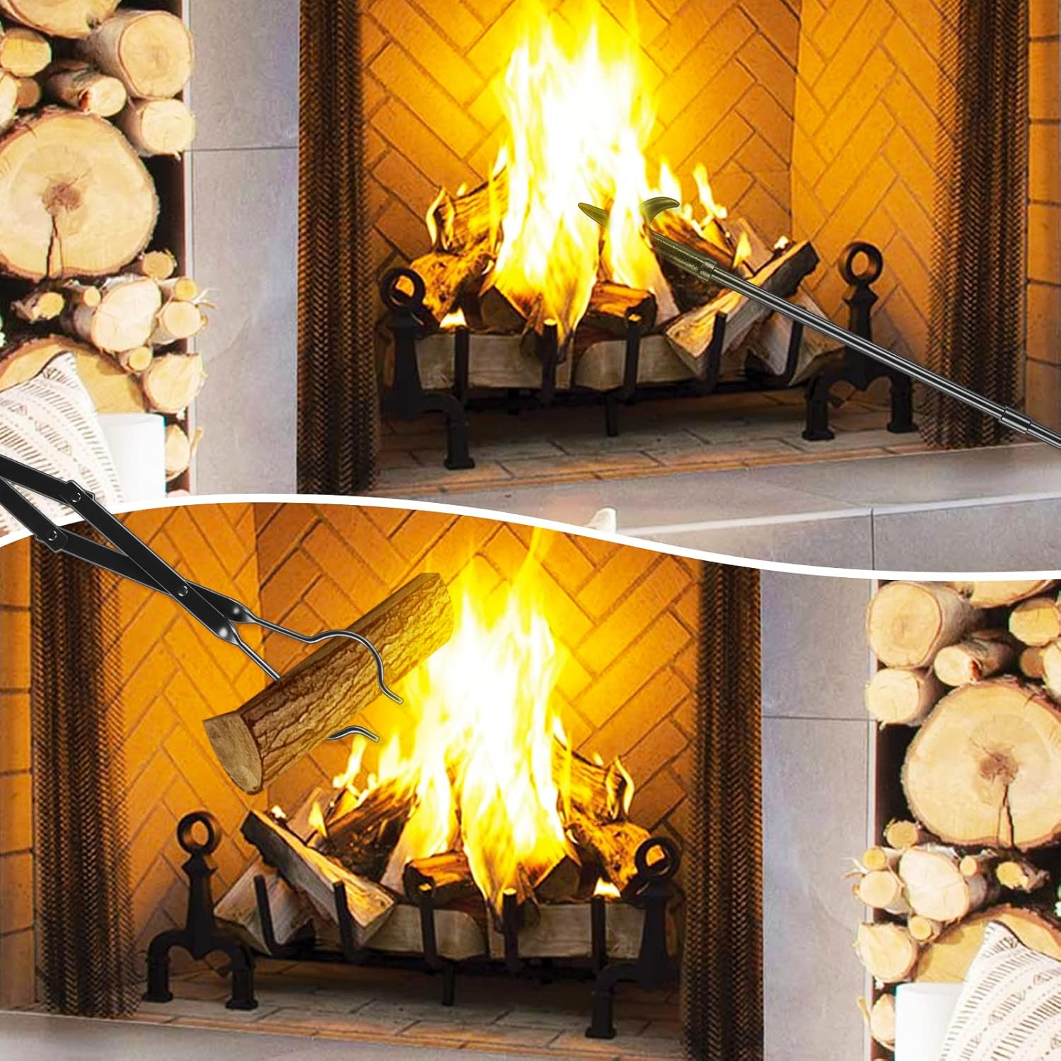 FEED GARDEN 32 Inch Fireplace Poker and 26 Inch Fireplace Tongs Set for Fire Pit Fireplace Tools Accessories Log Grabber Set for Camping Wood Stove Patio Campfire Picnic Indoor Outdoor image number 2