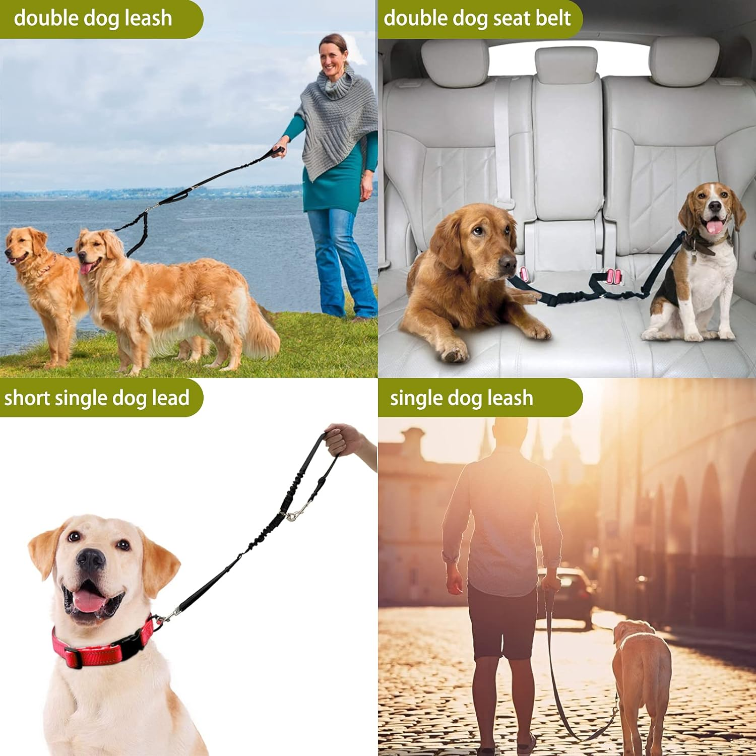Kelivi Double Dog Lead, Dual Lead for Dogs No Tangle with Two Padded Handle & Car Seat Belt Buckle, 360&deg; Swivel Heavy Reflective Adjustable Bungee Double Dog Leash for Walking Medium Large Dog (Black) image number 4