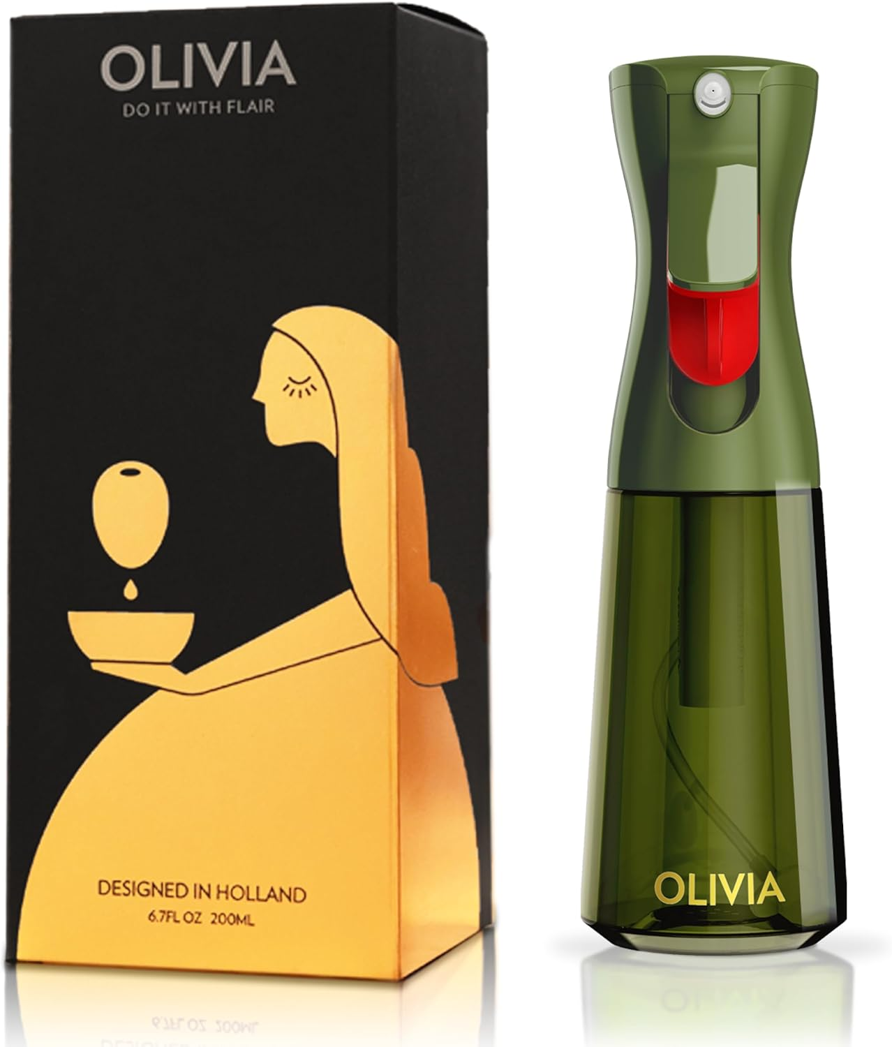 FLAIROSOL OLIVIA Oil Sprayer for Cooking, 200Ml Glass Olive Oil Sprayer, Continuous Oil Spray Bottle with Portion Control, Oil Dispenser for Kitchen, Air Fryer, Salad, BBQ (Green Bottle, Gold Print)