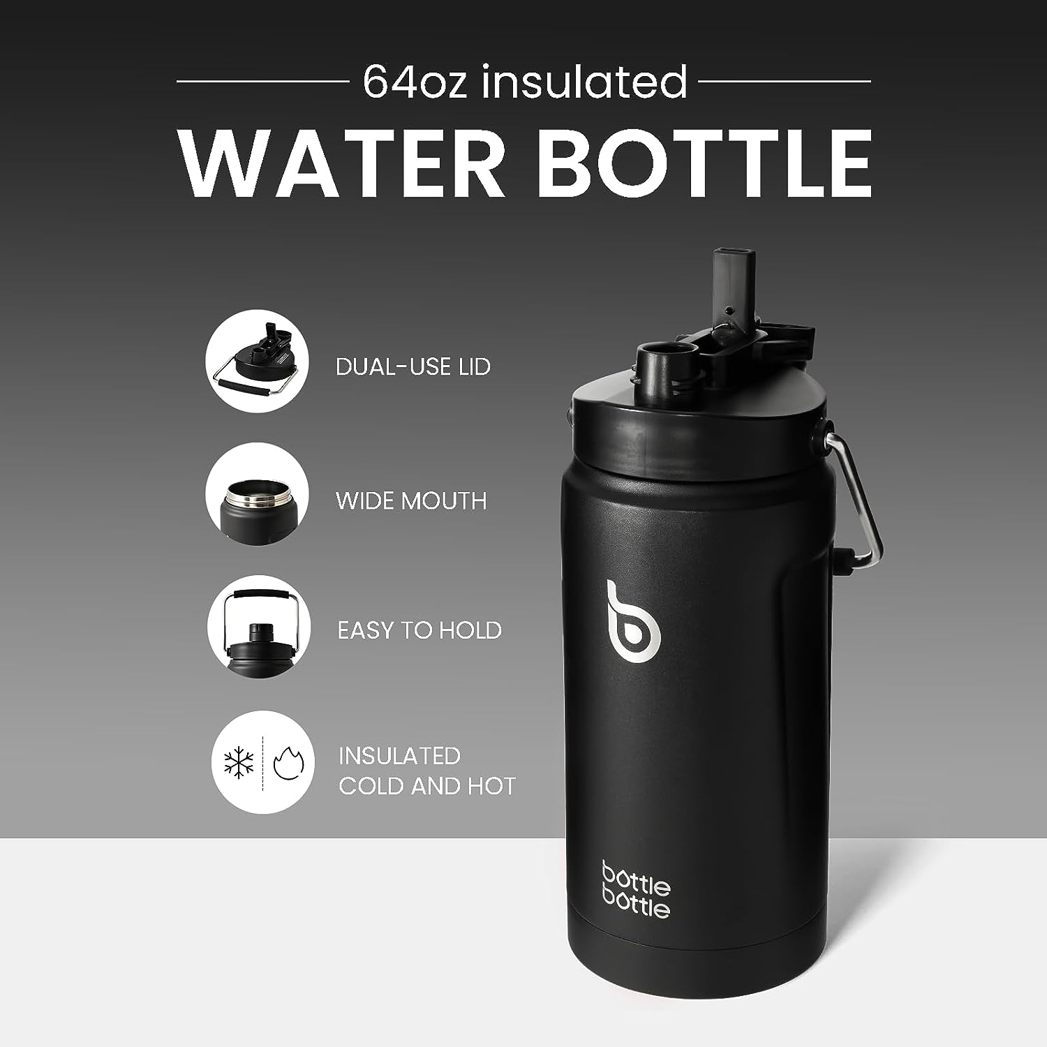 Bottle Bottle 2Litre Insulated Large Water Bottle with Straw and Dual-Use Lid Half Gallon Double Wall Vacuum Water Jug Stainless Steel Big Water Bottle for Workout and Sports （Black） image number 2
