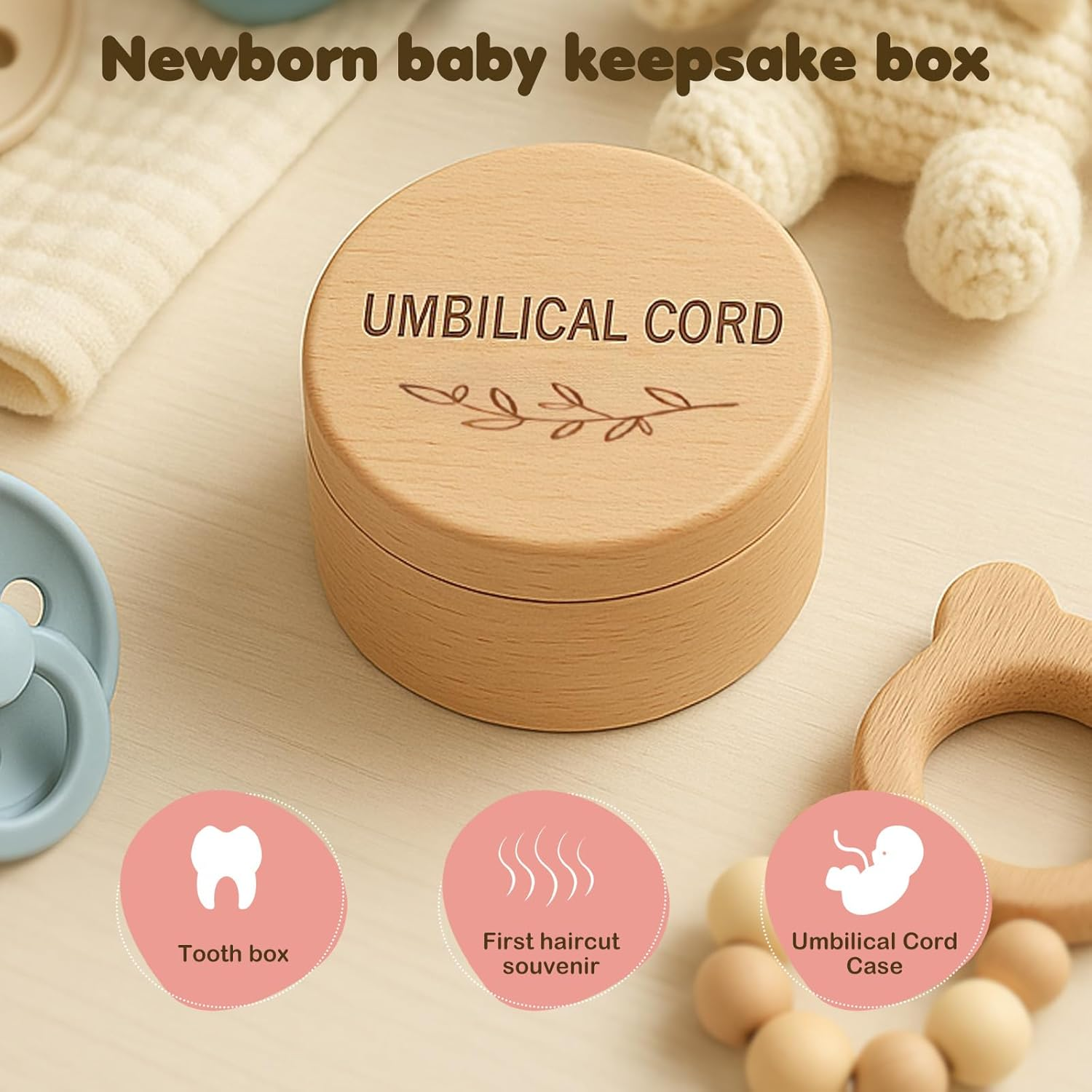 Ajcotahm Umbilical Cord Keepsake Box Wooden Cute Fetal Hair Memorial Tooth Box Kids Lost Teeth Storage Durable Baby Keepsake Gift for Christening Gift Baby Shower Pregnancy image number 1
