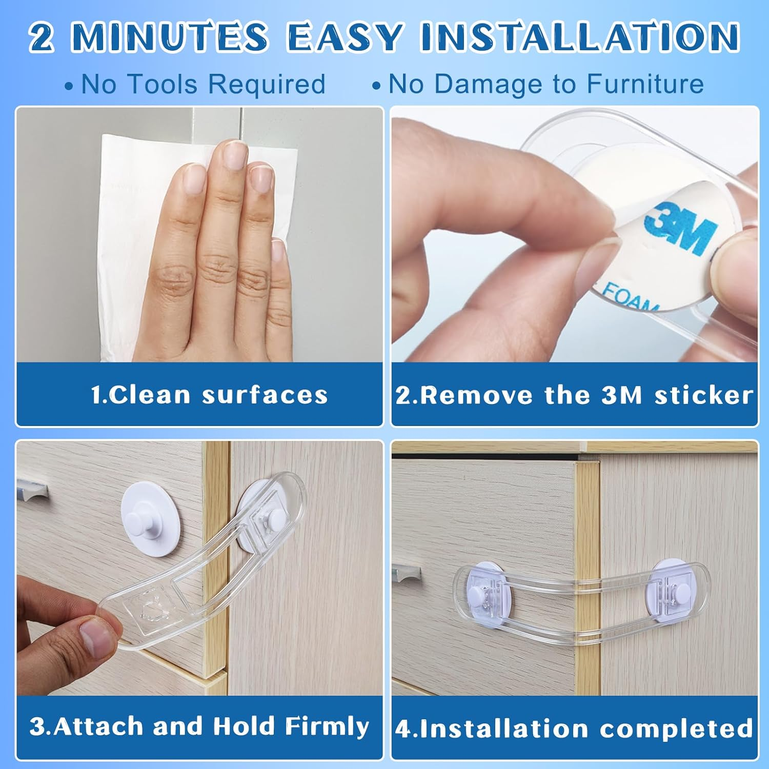 Child Safety Door Lock (14+6 Pack), Baby Proof Cabinet Latches Locks with 3M Self-Adhesive, with 6 Electric Outlet Pulg Covers, No Drilling, Kids Safety Cabinet Locks Straps Drawer Locks image number 5