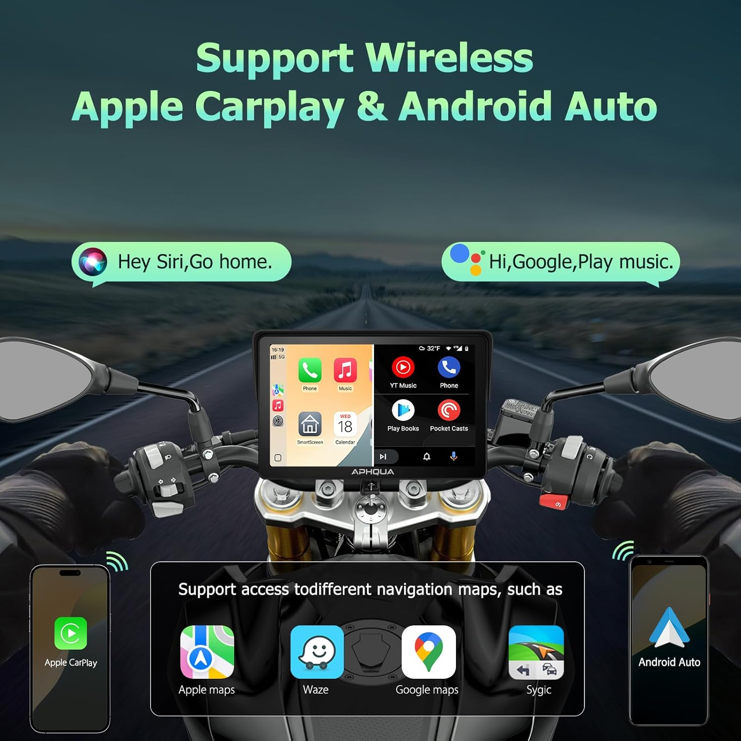 APHQUA Motocycle Carplay-7-Inch Motorcycle GPS Navigation System with Apple Carplay & Android Auto, Waterproof Touchscreen, Bluetooth, IP67 Waterproof for Motorbike, Support Siri & Google Assistant image number 4