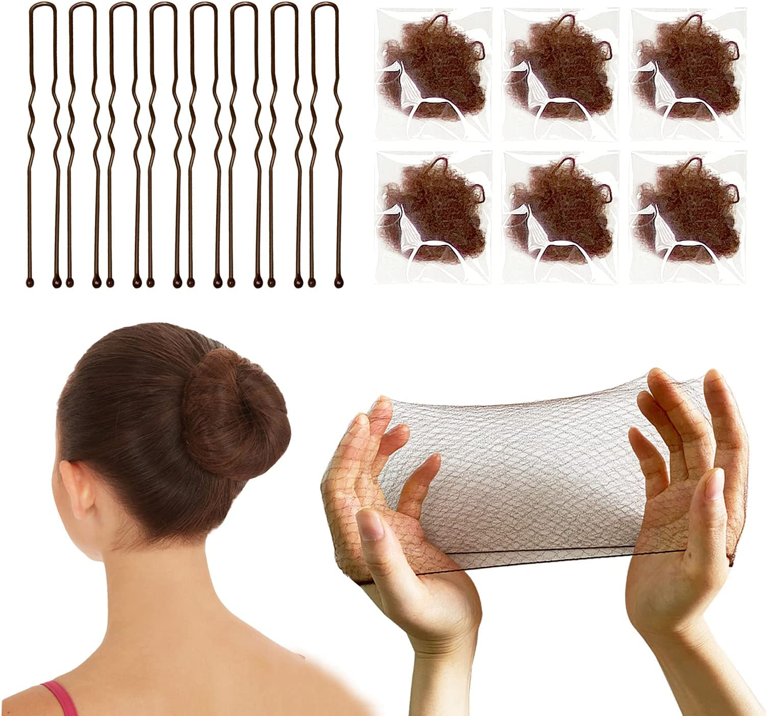 Tonjin 50PCS Hair Nets Bun and 10PCS U Shaped Hair Pins Set, 50Cm Individual Package Invisible Hair Nets Elastic Edge Mesh and 6Cm Hair Bun Pins for Women Girls Ballet Bun Maker Dance(Brown)