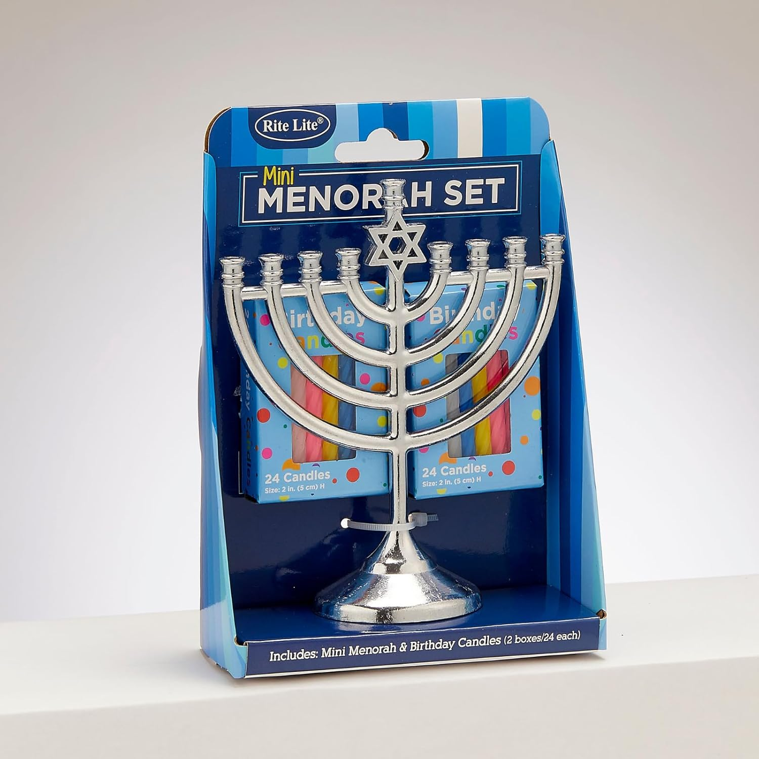 Rite Lite Mini Menorah Set with 48 Multicolor Birthday Candles - Portable Chanukah Candle Holder Diecast Aluminum Menorah Hanukkah Gifts Jewish Party Favors Living Room Holiday Decor Centerpiece 5" H image number 1