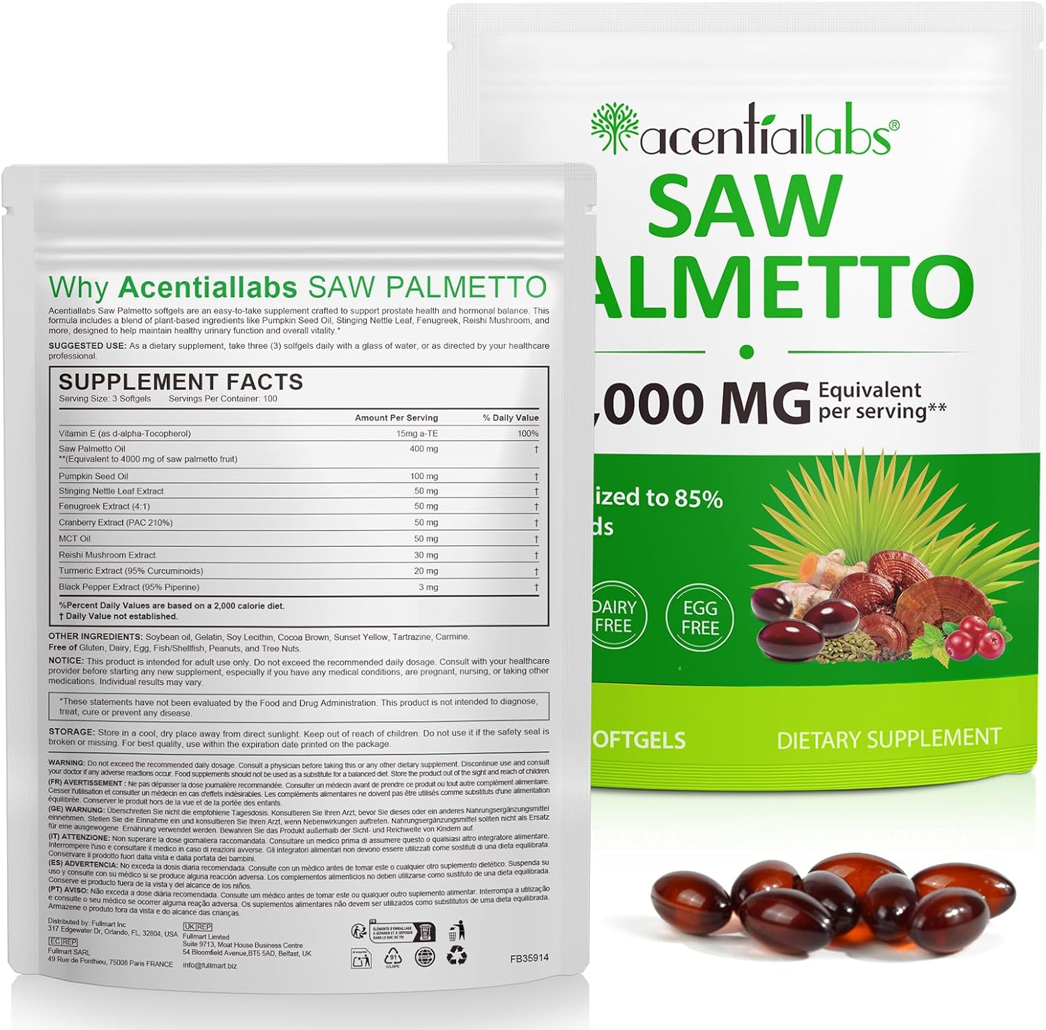 Saw Palmetto 4000Mg | Standardized to 85% Fatty Acids | with Pumpkin Seed, Stinging Nettle, Reishi & More | Non-Gmo | Gluten, Dairy & Egg Free | 300 Softgels image number 5