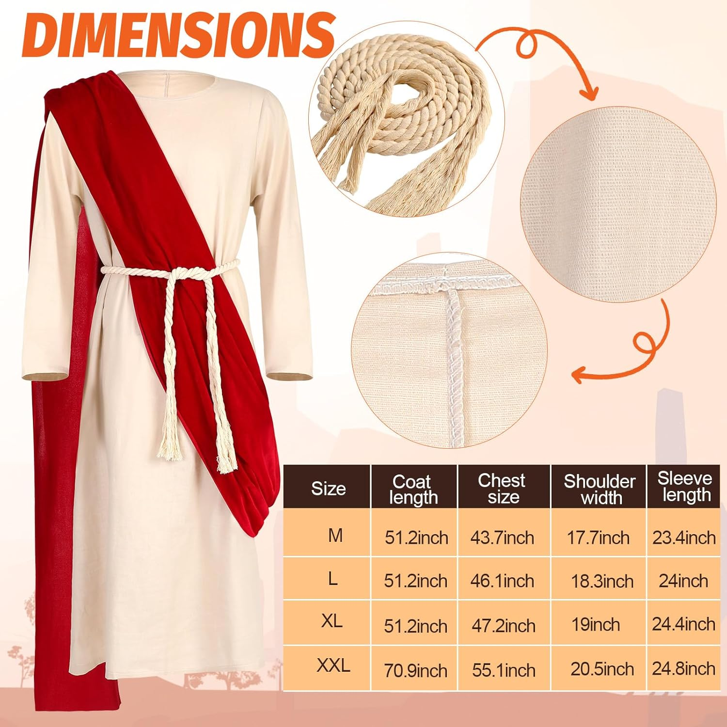 Haull Jesus Costume Adult Men Jesus Robe Religious Christ Costume Includes Scarf Waist Rope for Halloween image number 5