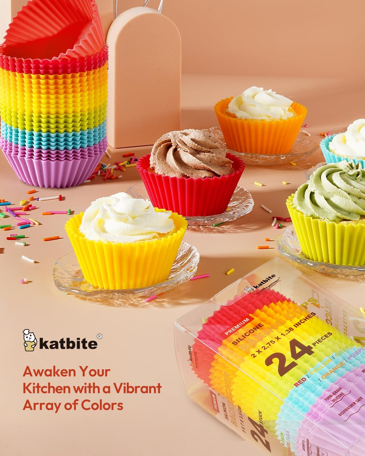 Katbite Reusable Silicone Baking Cups 24 Pack - Non-Stick Muffin Cupcake Liners Set, Thick & Heavy Duty Cupcake Molds - Perfect for Party Halloween Christmas Bakery Supplies, Multicolor image number 1