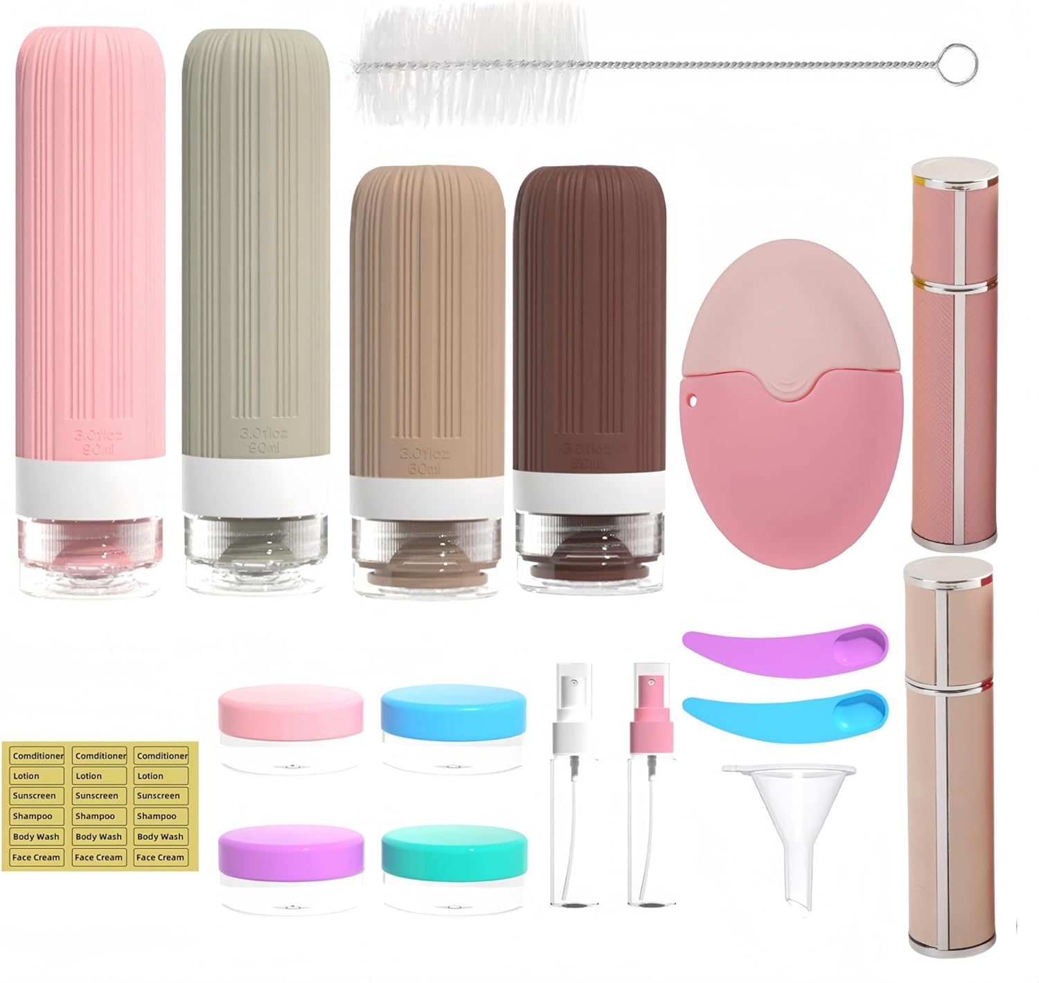 Longfng 19 Pack Travel Bottles Set, Silicone Toiletry Bottles, Sunscreen Applicator & Refillable Perfume Spray Bottles, TSA Approved, Leak Proof Travel Accessories for Shampoo, Lotion, Perfume