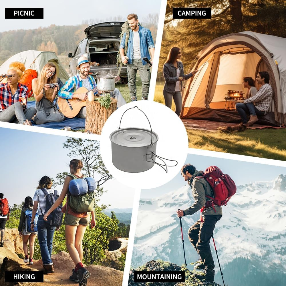 1.8L/3L Titanium Pot Light Hanging Pot with Lid and Foldable Handle Outdoor Camping Hiking Backpacking Picnic image number 1