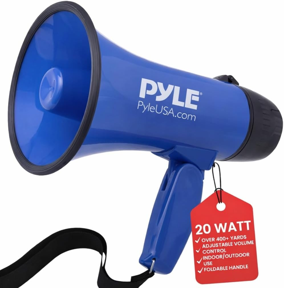 Pyle-Pro Portable Megaphone Speaker Siren Bullhorn - Compact and Battery Operated with 20 Watt Power, Microphone, 2 Modes, PA Sound and Foldable Handle for Cheerleading & Police Use-Pmp23Sl (Silver)