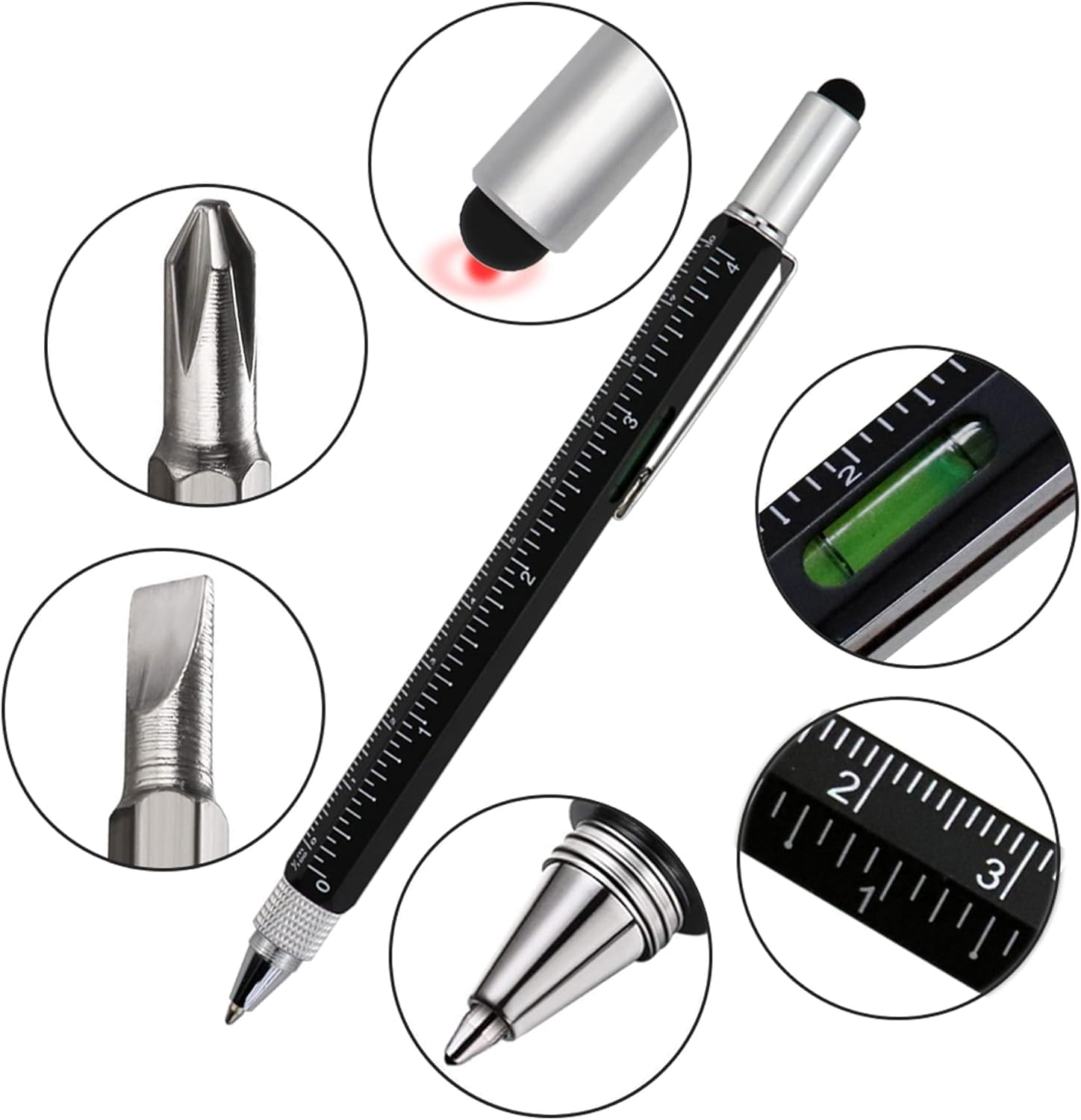 2Pcs 6-In-1 Multifunctional Tech Pen Gadgets Tool, Men'S Cool Small Tool, Touch Screen Stylus, Ruler, Level, Screwdriver Set, Ballpoint Pen for Men Husband Engineer Teacher Friend (BK) image number 6