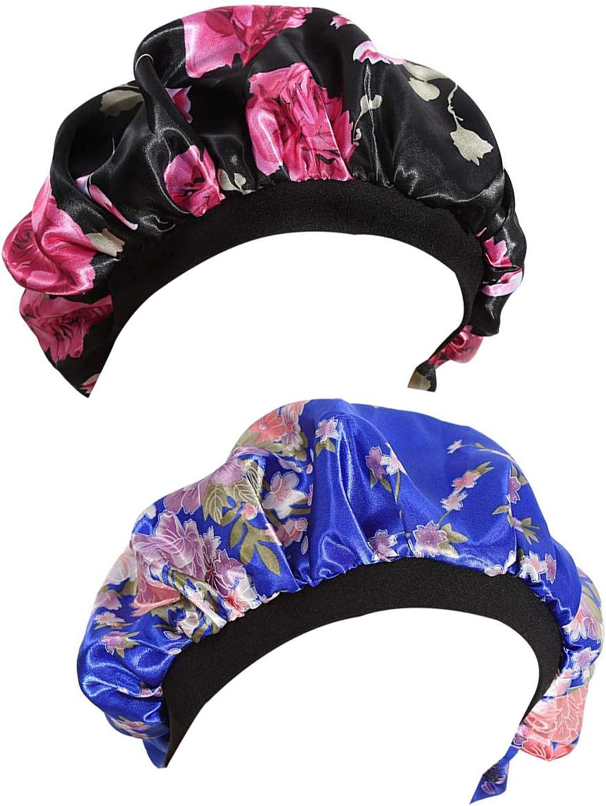 Soft Night Sleep Hat Sleep Bonnet Wide Band for Women Black and Blue Pack of 2 image number 1
