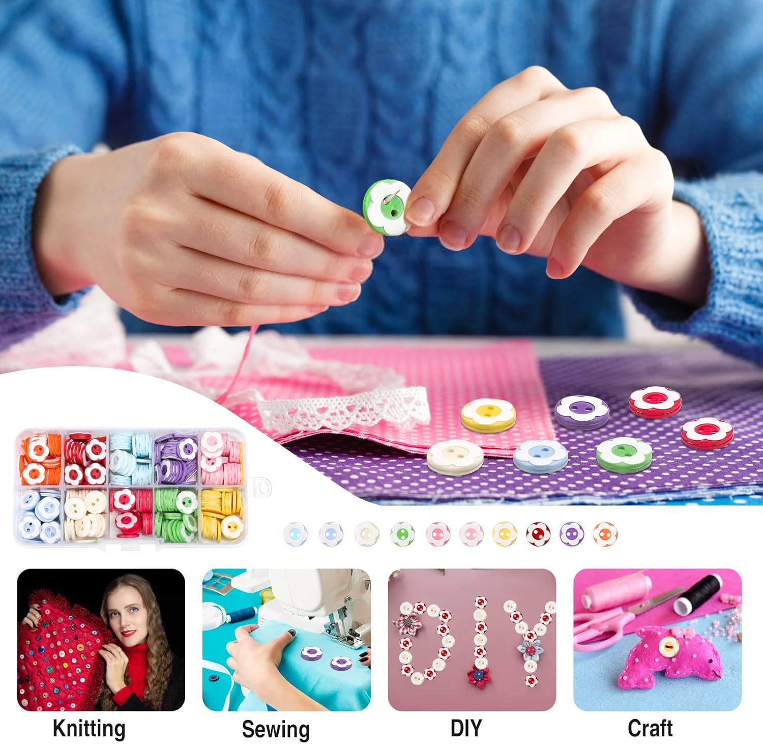 HXC 300 PCS Colorful Craft Buttons 2 Hole Double Flower round Resin Buttons for Sewing Knitting Crafting Baby Cardigans with Plastic Storage Box image number 5