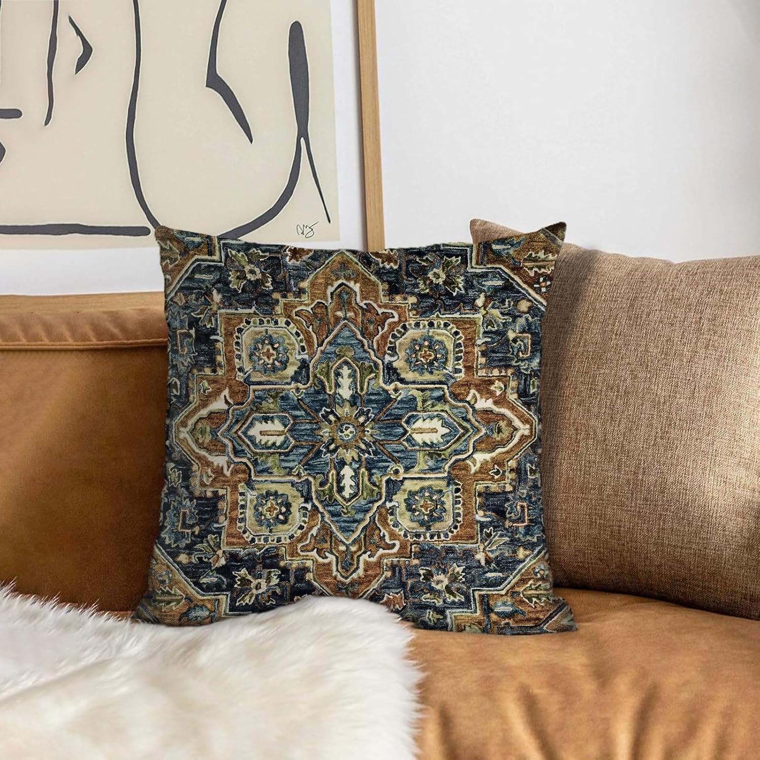 EDTOY Boho Throw Pillow Covers 16X16 Inch Set of 2,Boho Vintage Carpet Pattern Antique Ethnic Decor Double Sided Pattern Cushion Cover Soft Pillow Case Living Sofa Room Bed Square Pillow Cover image number 1
