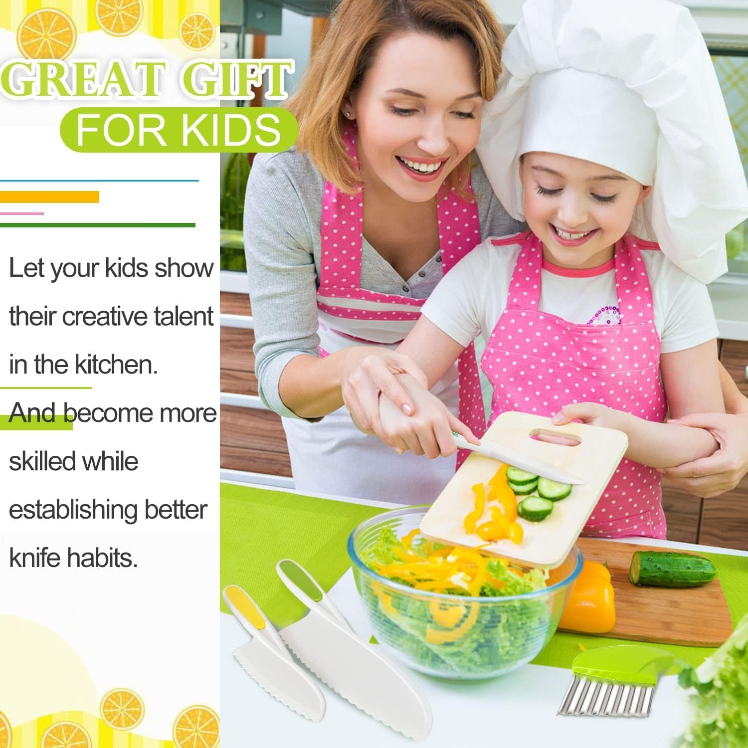 Kids Kitchen Knife, 7 Pcs Kids Knife Set Include Serrated Edges Plastic Toddler Chef Knife, Crinkle Cutter, Sandwich Cutter, Y Peeler, Cutting Board, Perfect for Toddlers Gifts for Boys and Girls image number 4