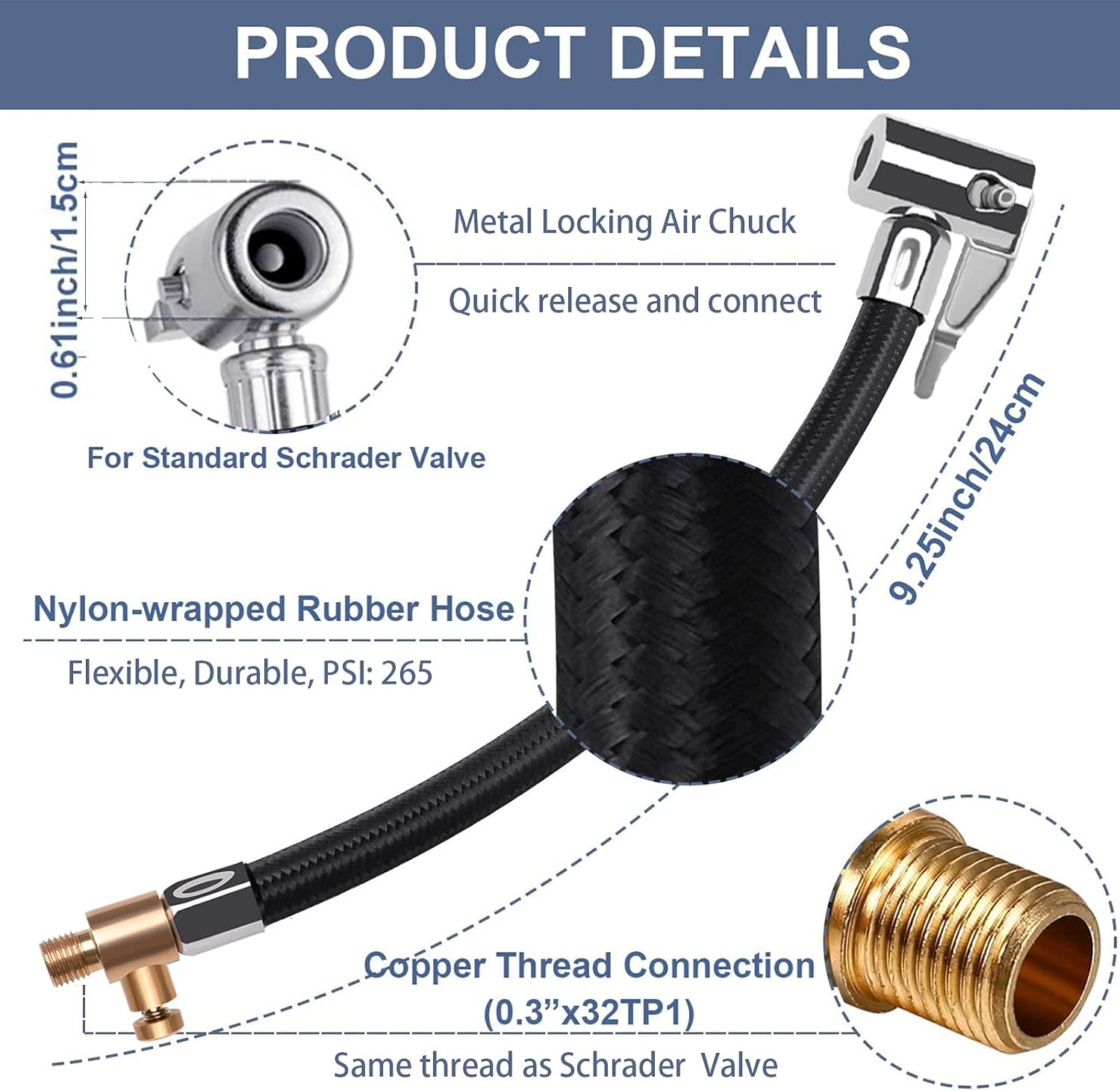 Flexible Tire Valve Extension Adapter, Inflator Hose Adapter, Locking Air Chuck Quick Connect and Release, Pressure Adjustable Tire Inflator Pump Hose Adapter for Car Motorcycle Bike,1Pc image number 4