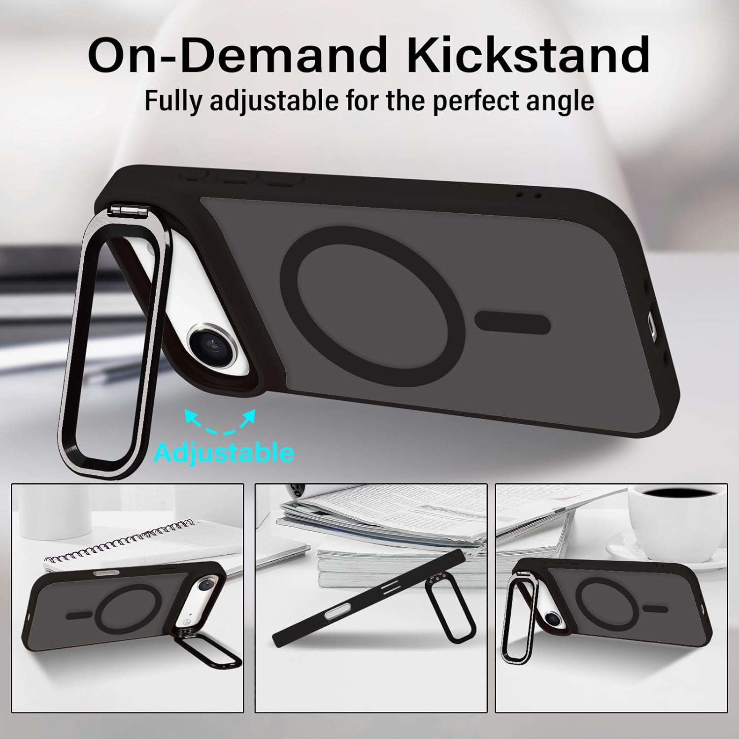 Tcaraersing for Iphone 17 Air 6.5" Magnetic Case with Stand [Compatible with Magsafe] Built-In Camera Ring Holder Stash Kickstand Slim Matte Frosted Cover Anti-Fingerprint,Translucent Black image number 4